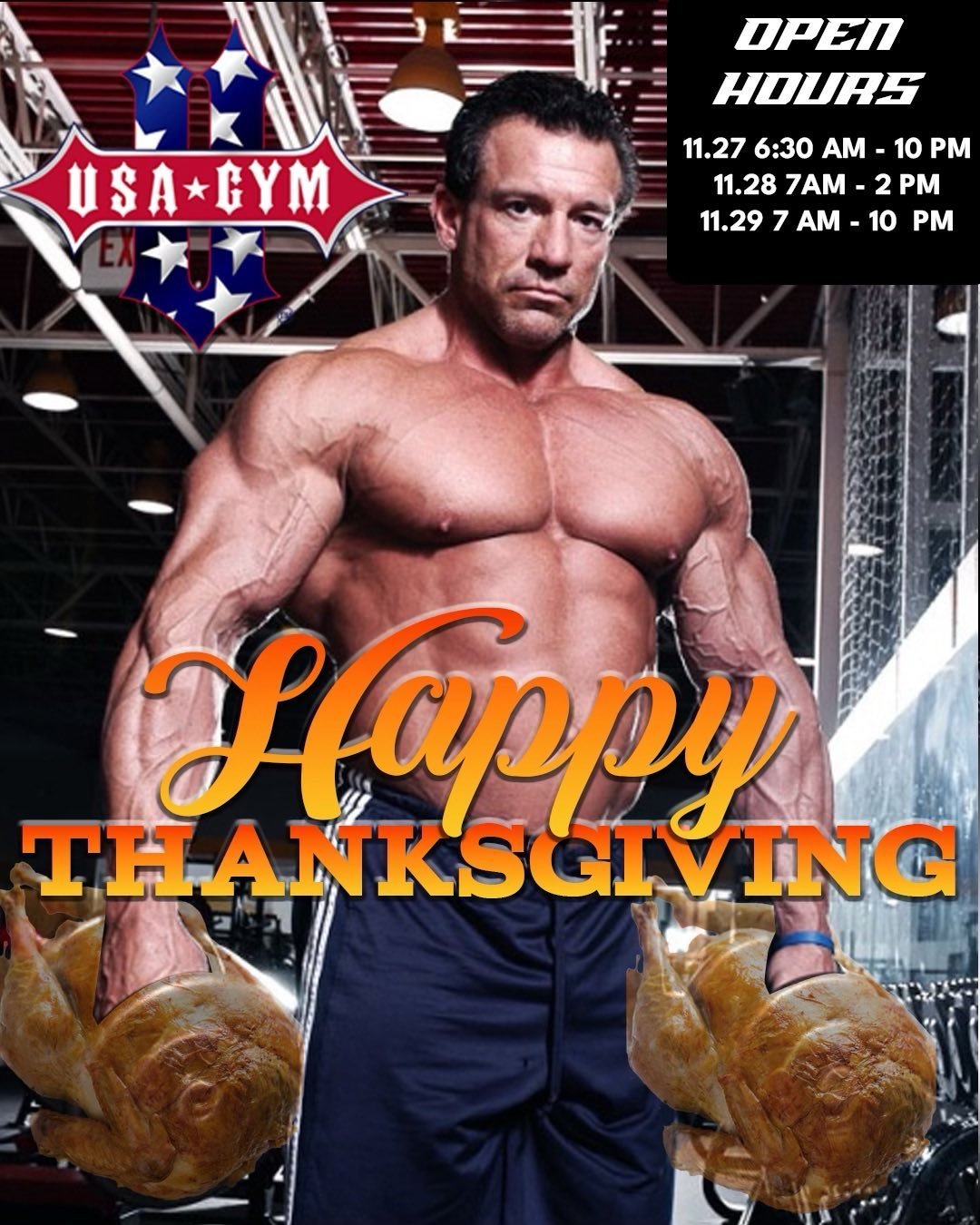 Happy Thanksgiving from USA Gym!! 🦃 🇺🇸 💪🏼 🇺🇸 🦃 💪🏼 🇺🇸 🦃

HOURS:
WED, NOV 27 | 6:30 AM - 10 PM
THURS, NOV 28 | 7 AM - 2 PM
Fri, NOV 29 | 7 AM - 10 PM

#thanksgiving #thanksgaining #usa #america #usa #usagym
#turkeyday #holiday #turkey #bod